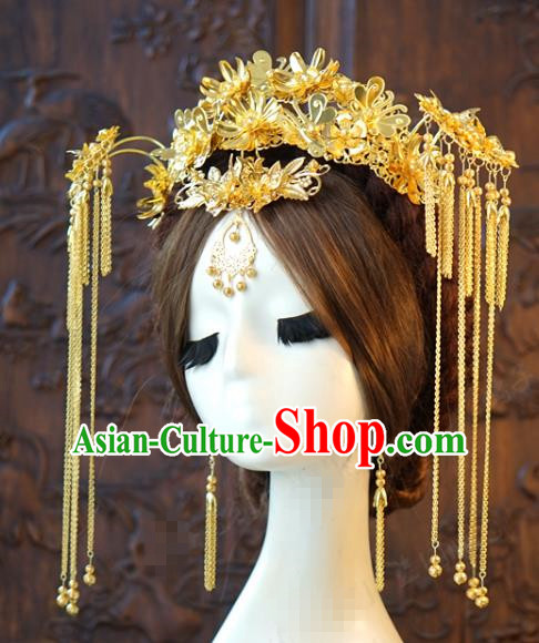 China Ancient Bride Tassel Hairpins Golden Phoenix Coronet Traditional Wedding Hair Accessories Full Set