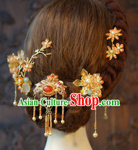 China Traditional Wedding Hair Accessories Ancient Bride Tassel Hair Combs Hairpins and Earrings Full Set
