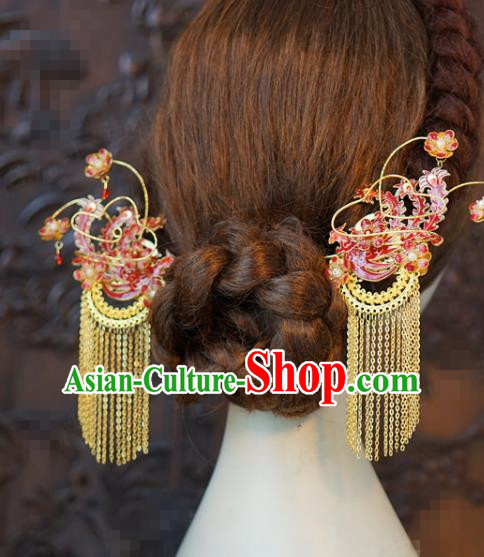 China Traditional Red Phoenix Hair Sticks Wedding Xiuhe Suit Hair Accessories Bride Golden Tassel Hairpins