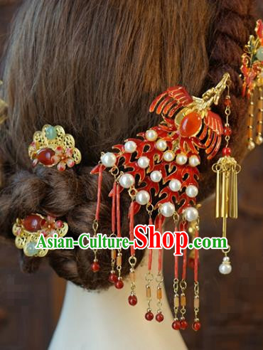China Traditional Wedding Red Phoenix Hair Accessories Ancient Bride Tassel Hairpins and Earrings Hair Sticks Full Set
