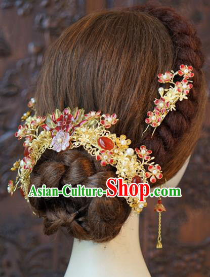 China Ancient Bride Agate Back Hair Comb Traditional Wedding Hair Accessories Hair Sticks Hairpins Full Set
