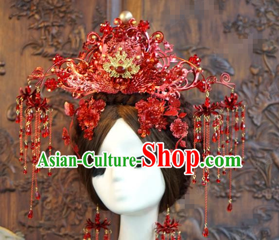 China Traditional Bride Wedding Hair Accessories Tassel Hair Crown Ancient Queen Red Phoenix Coronet Complete Set