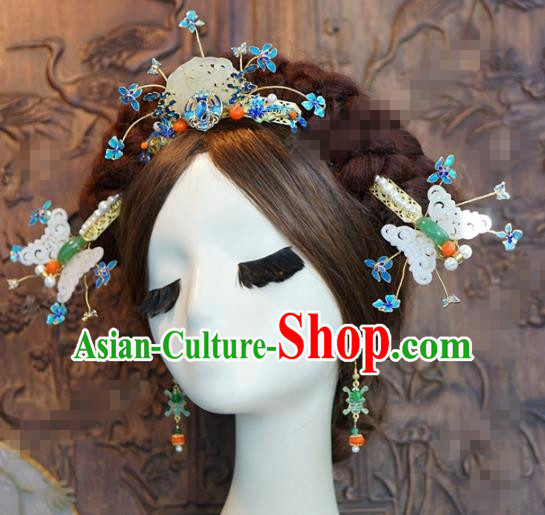 China Traditional Qing Dynasty Empress Jade Butterfly Hair Accessories Ancient Court Queen Hair Crown and Hairpins Complete Set