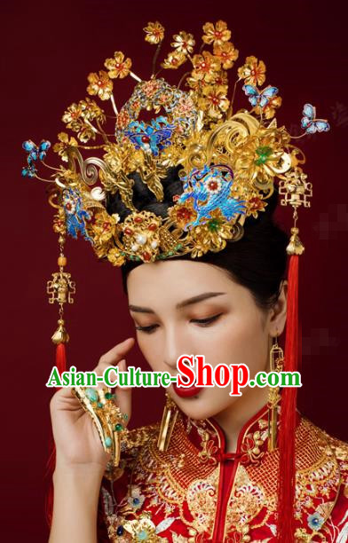China Traditional Blueing Phoenix Coronet Wedding Hairpins Earrings Ancient Bride Deluxe Hair Accessories Full Set