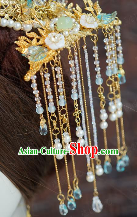 China Ancient Bride Long Tassel Hair Stick Traditional Xiuhe Suit Hair Accessories Wedding Golden Hairpin
