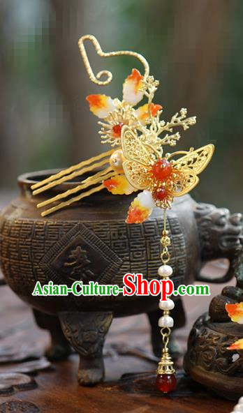 China Wedding Tassel Hairpin Traditional Xiuhe Suit Hair Accessories Ancient Bride Golden Butterfly Hair Comb