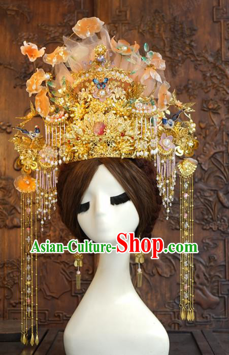 China Traditional Deluxe Phoenix Coronet Ancient Wedding Bride Hair Accessories Golden Tassel Hair Crown Full Set