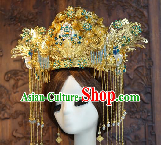 China Traditional Golden Tassel Hair Crown Deluxe Phoenix Coronet Ancient Wedding Bride Hair Accessories Full Set