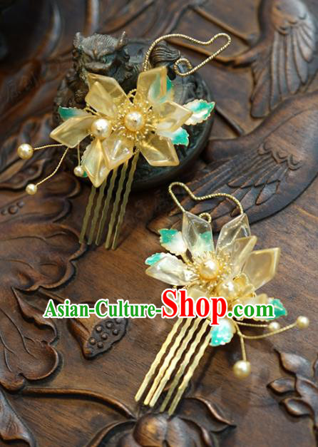 China Wedding Yellow Flower Hair Combs Traditional Xiuhe Suit Hair Accessories Ancient Bride Hair Sticks