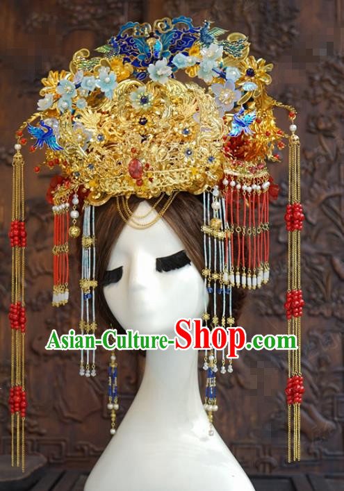 China Deluxe Tassel Golden Hair Crown Traditional Blueing Phoenix Coronet Ancient Wedding Bride Hair Accessories