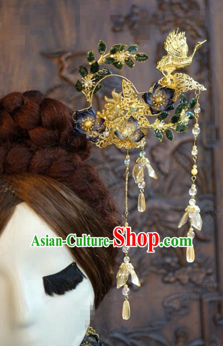 China Ancient Palace Tassel Hairpin Traditional Xiuhe Suit Hair Accessories Wedding Bride Golden Crane Hair Stick
