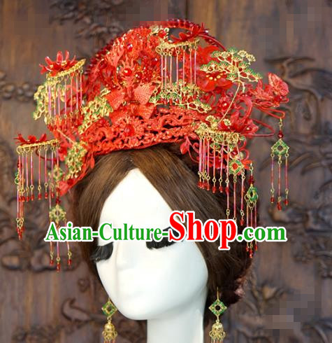 China Ancient Bride Hair Crown Hair Accessories Traditional Wedding Deluxe Red Phoenix Coronet
