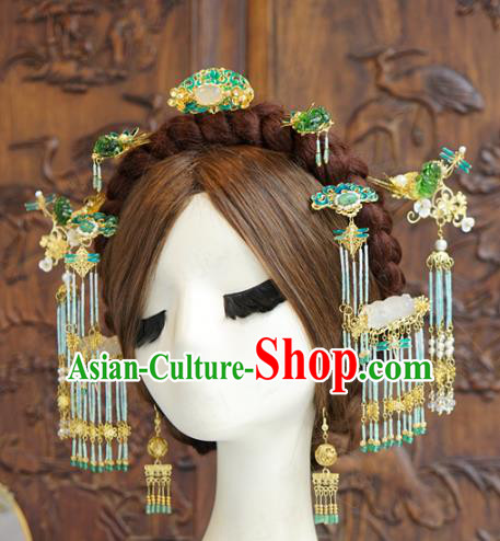 China Ancient Bride Blueing Hair Crown and Tassel Hairpins Traditional Wedding Hair Accessories Full Set
