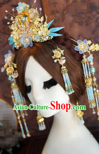 China Traditional Bride Hair Accessories Ancient Wedding Hair Crown and Tassel Hairpins Complete Set