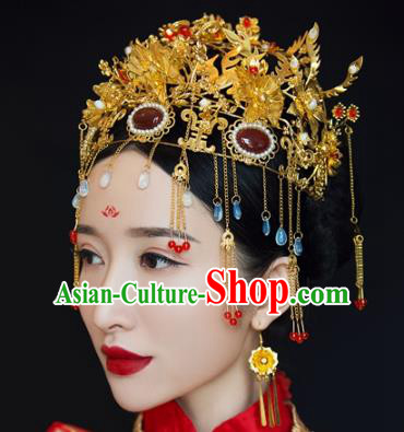 China Ancient Bride Agate Golden Phoenix Coronet Hair Accessories Traditional Wedding Hair Crown Headwear Full Set