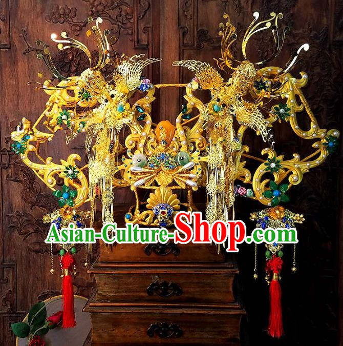 China Traditional Hair Accessories Wedding Hair Crown Headwear Ancient Bride Blueing Phoenix Coronet Full Set