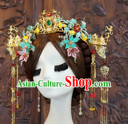 China Wedding Golden Hair Crown Headwear Ancient Bride Phoenix Coronet and Tassel Hairpins Traditional Hair Accessories