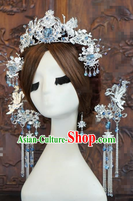 China Ancient Queen Phoenix Coronet Traditional Hair Accessories Wedding Argent Hair Crown Hairpins Complete Set