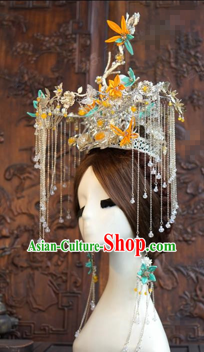 China Traditional Wedding Argent Phoenix Coronet Ancient Queen Tassel Hair Crown Full Set