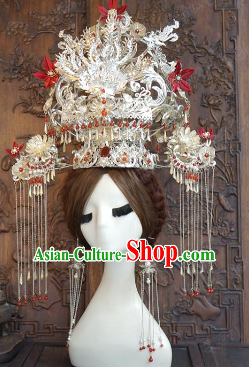 China Traditional Wedding Hanfu Luxury Hair Accessories Ancient Bride Argent Phoenix Coronet Full Set