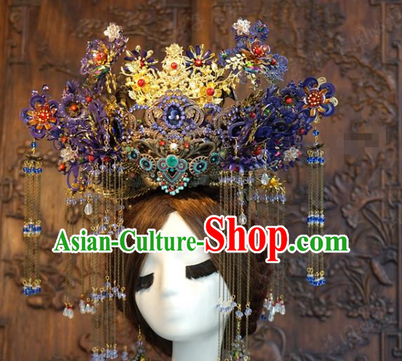 China Traditional Empress Wedding Hanfu Luxury Hair Accessories Ancient Queen Purple Flowers Phoenix Coronet