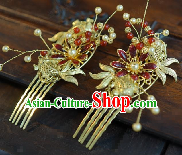 China Ancient Bride Golden Fish Hair Combs Traditional Xiuhe Suit Hair Jewelry Accessories Wedding Cloisonne Hairpins