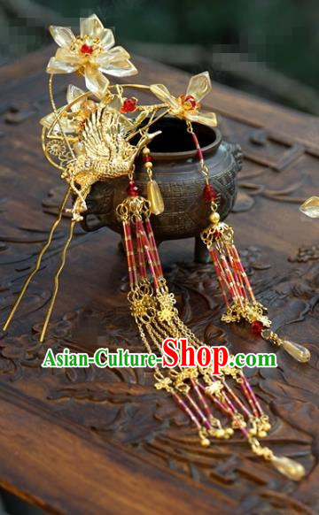 China Ancient Palace Tassel Hair Stick Traditional Xiuhe Suit Hair Jewelry Accessories Court Golden Crane Hairpins