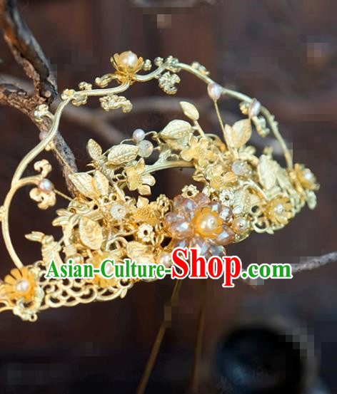 China Wedding Golden Vine Hairpin Traditional Xiuhe Suit Hair Accessories Ancient Bride Hair Comb
