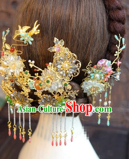 China Ancient Bride Hair Accessories Traditional Wedding Xiuhe Suit Tassel Hairpins Complete Set