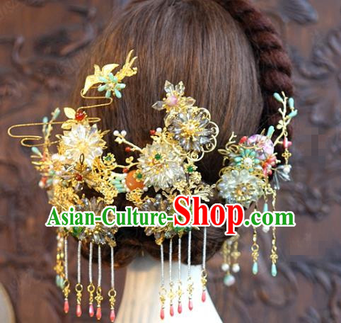 China Ancient Bride Hair Accessories Traditional Wedding Xiuhe Suit Tassel Hairpins Complete Set