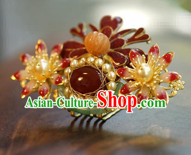 China Wedding Pearls Hairpin Jewelry Adornment Traditional Xiuhe Suit Hair Accessories Ancient Empress Agate Hair Crown