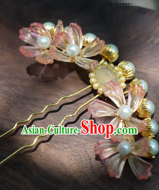 China Ancient Hanfu Pink Flowers Hairpin Wedding Pearls Hair Stick Traditional Xiuhe Suit Hair Jewelry Accessories