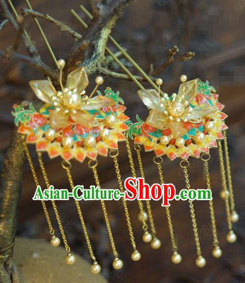 China Hanfu Pearls Tassel Hair Sticks Ancient Traditional Xiuhe Suit Hair Jewelry Accessories Wedding Cloisonne Hairpins