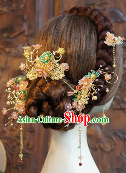 China Traditional Wedding Hair Accessories Ancient Bride Golden Hair Comb and Tassel Hairpins Xiuhe Suit Headdress