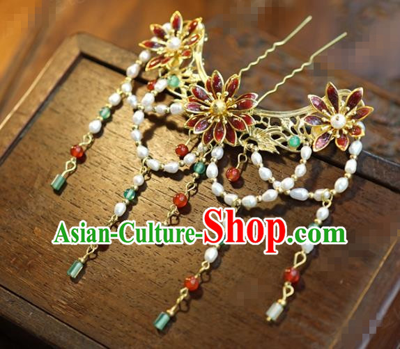 China Ancient Pearls Tassel Step Shake Palace Hairpin Traditional Xiuhe Suit Hair Jewelry Accessories Cloisonne Red Hair Stick