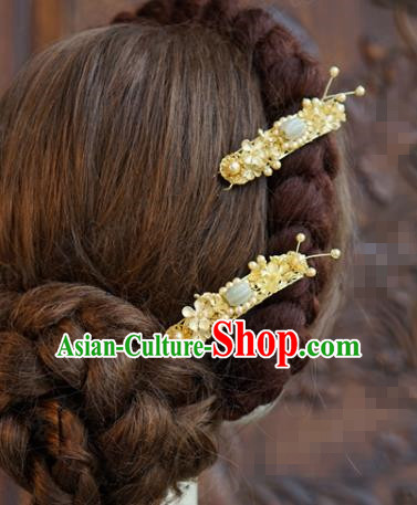 China Ancient Palace Pearls Jade Hairpins Traditional Xiuhe Suit Hair Jewelry Accessories Golden Hair Sticks