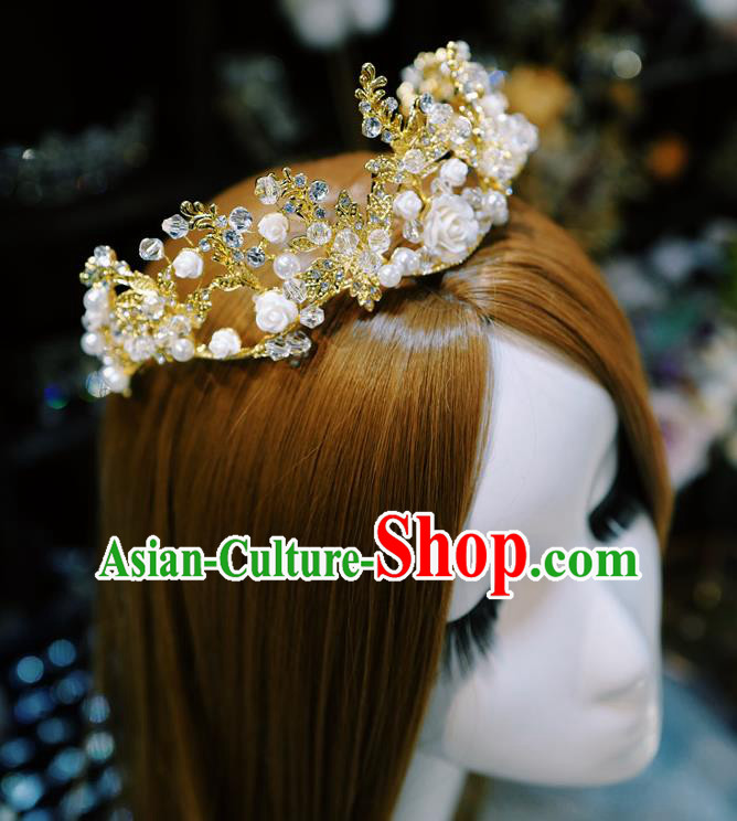 Handmade European Court Retro Golden Royal Crown Hair Accessories Baroque Bride Headwear Wedding White Rose Hair Clasp