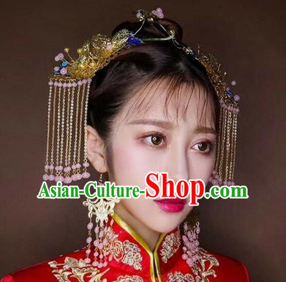 Chinese Traditional Bride Tassel Hair Sticks Ancient Wedding Hair Jewelry Accessories Hairpins Full Set