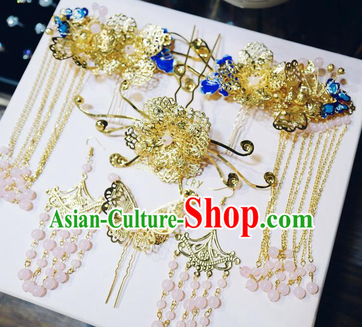 Chinese Traditional Bride Tassel Hair Sticks Ancient Wedding Hair Jewelry Accessories Hairpins Full Set
