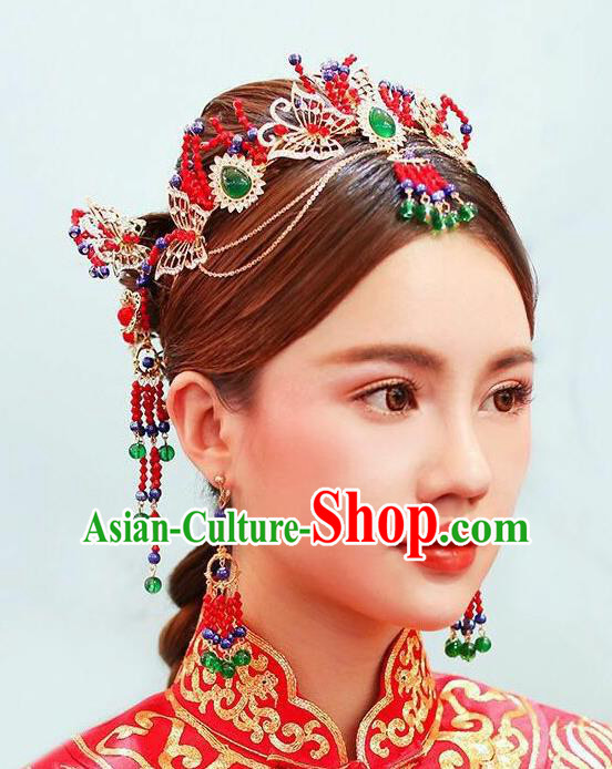 Chinese Traditional Bride Crystal Butterfly Hair Crown Ancient Wedding Hair Jewelry Accessories Tassel Hairpins Complete Set