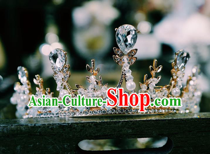 Handmade Baroque Style Beads Golden Royal Crown European Court Princess Headwear Wedding Crystal Hair Clasp