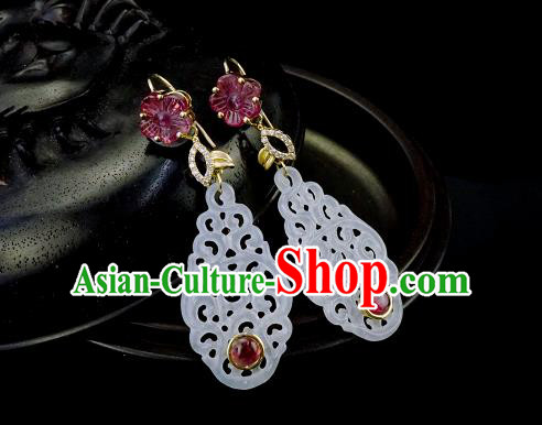 Top Grade Chinese Traditional Classical Tourmaline Earrings Handmade Ear Jewelry Qing Dynasty Court White Jade Accessories