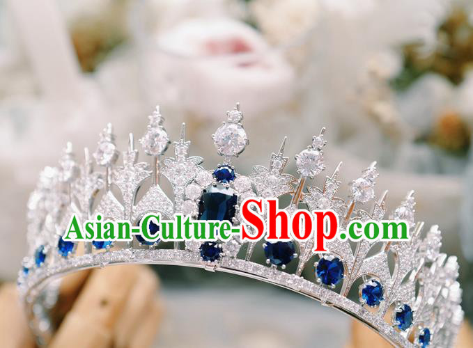 European Queen Zircon Headwear Handmade Baroque Bride Wedding Jewelry Accessories Women Luxury Blue Crystal Royal Crown