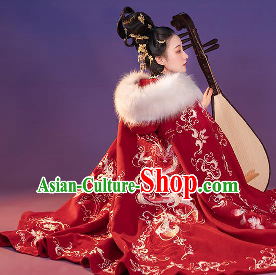 China Ancient Princess Embroidered Red Cloak Costume Traditional Jin Dynasty Court Beauty Clothing