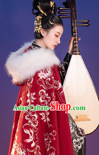 China Ancient Princess Embroidered Red Cloak Costume Traditional Jin Dynasty Court Beauty Clothing