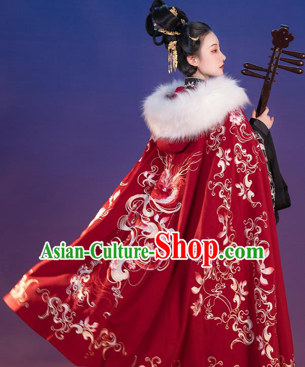 China Ancient Princess Embroidered Red Cloak Costume Traditional Jin Dynasty Court Beauty Clothing