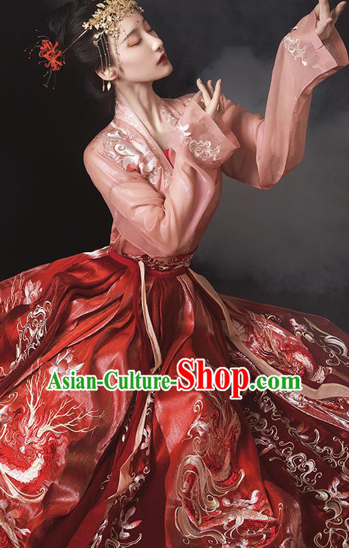 Traditional China Tang Dynasty Wedding Clothing Ancient Royal Princess Embroidered Red Costumes Complete Set