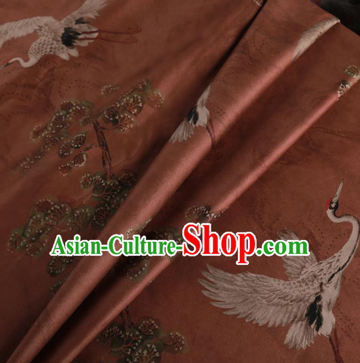 Chinese Classical Crane Pine Pattern Design Rust Red Mulberry Silk Fabric Asian Traditional Cheongsam Silk Material