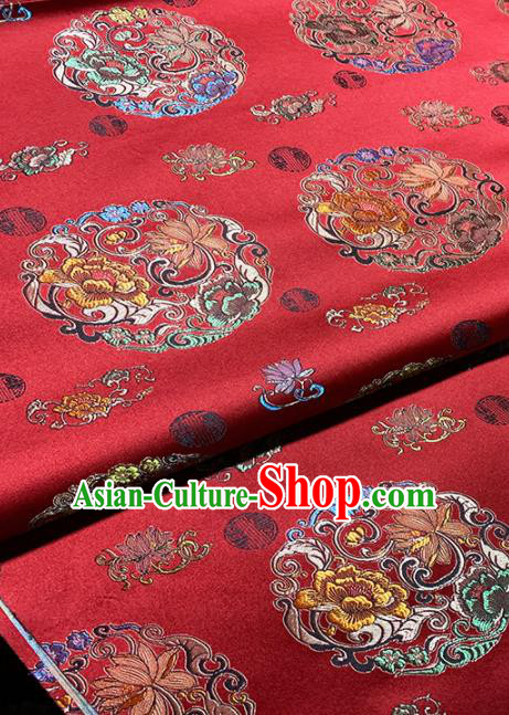 Chinese Classical Round Peony Pattern Design Red Brocade Fabric Asian Traditional Satin Tang Suit Silk Material