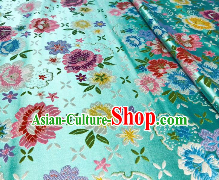 Chinese Classical Beautiful Flowers Pattern Design Blue Brocade Fabric Asian Traditional Satin Silk Material
